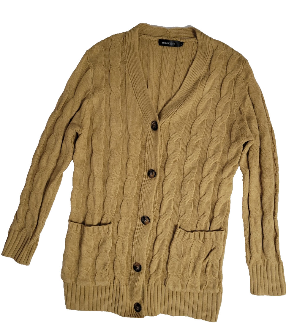 MEROKEETY Cardigan Sweater Womens Large Beige Cable Knit Button Pockets Longline